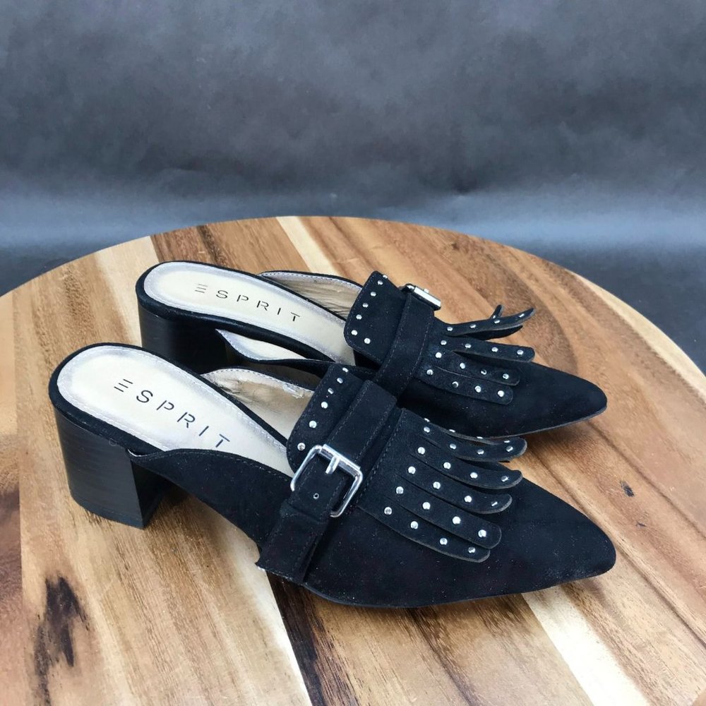 Esprit Black Suede Studded Kiltie Mules